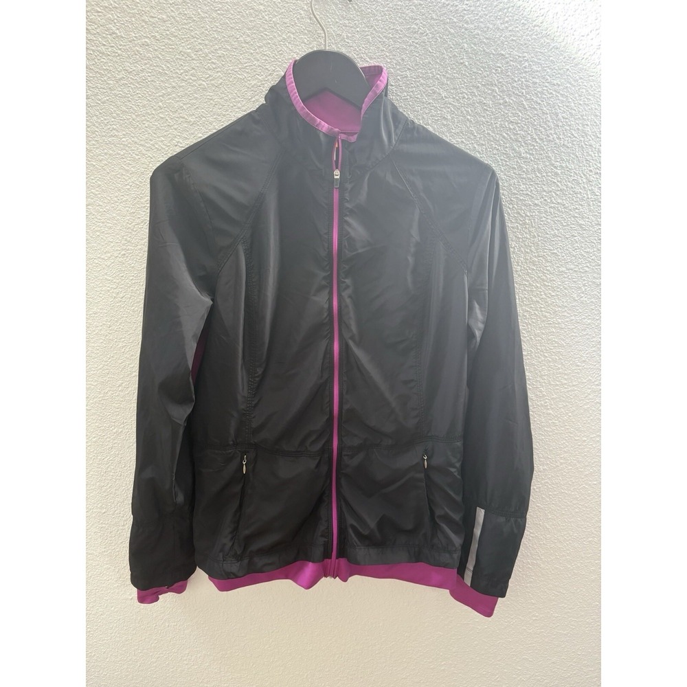 Lucy Women Black/Pink Full-Zip Sport Jacket Sz M Zip Pocket Nylon Athleisure